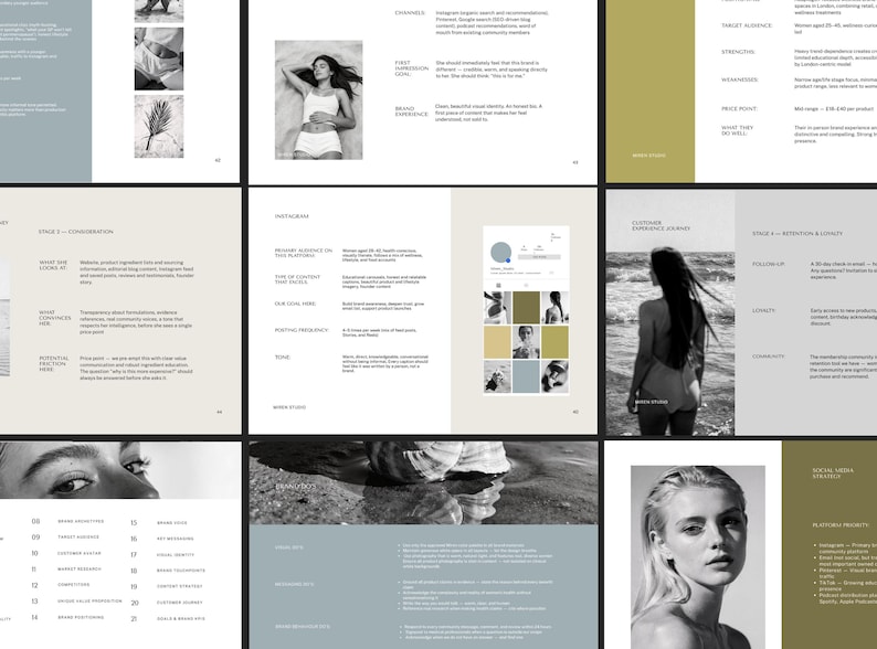 May include: A grayscale collage of images and text. One image shows a woman in white lingerie. Another shows a woman standing in the ocean. Other images include text about social media strategy and customer experience.