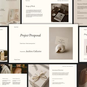 May include: A multi-page project proposal document template featuring a neutral beige and white color palette. The layout includes sections for project objectives, scope of work, and payment schedules, with placeholder text and imagery.