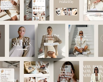 May include: A collection of social media graphics with a neutral color palette. The graphics feature text like "Your Socials", "Content That Converts", and "Content Strategies". The images include a person holding a phone and a person sitting on stairs.