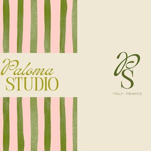 A brand identity layout featuring pink and green striped patterns and the Paloma Studio text logo and PS monogram.