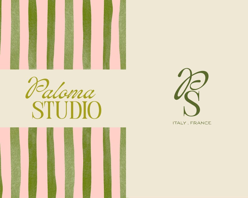 A brand identity layout featuring pink and green striped patterns and the Paloma Studio text logo and PS monogram.