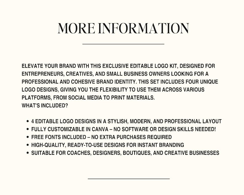 Text graphic on cream background providing More Information about the editable logo kit features and layout benefits.
