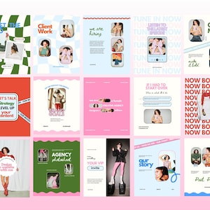 May include: A collage of colorful images promoting a creative agency. The images feature people, text, and graphics. The text includes "Meet the CEO", "Client Work", "We are hiring", "Tune in Now", "Our Mission", "Let's Talk Strategy", "Brand Goals", "If I had to start over", "Now Booking", "Agency Photoshoot", "Your VIP Invite", "Our Story", and "Past Projects".