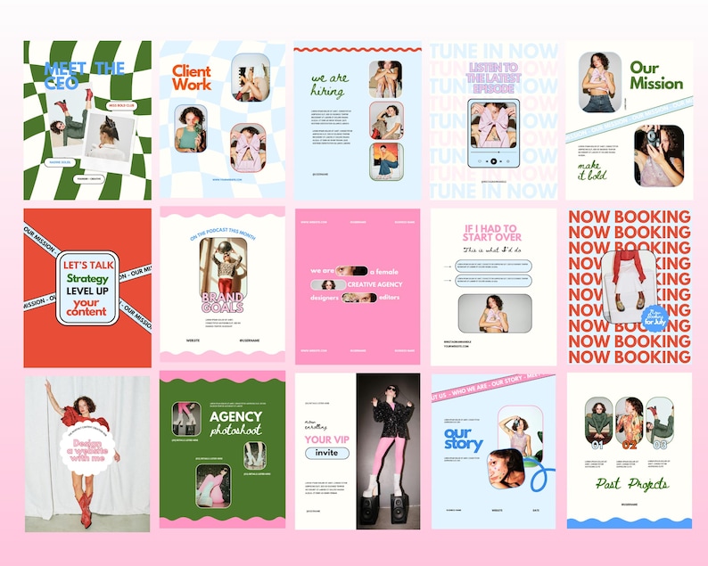May include: A collage of colorful images promoting a creative agency. The images feature people, text, and graphics. The text includes "Meet the CEO", "Client Work", "We are hiring", "Tune in Now", "Our Mission", "Let's Talk Strategy", "Brand Goals", "If I had to start over", "Now Booking", "Agency Photoshoot", "Your VIP Invite", "Our Story", and "Past Projects".