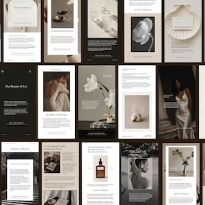 May include: A collection of twenty-one digital marketing templates featuring a neutral color palette of beige, black, and white. The layouts include photography of flowers, glassware, a person in a silk dress, and text blocks labeled Archive Collective.