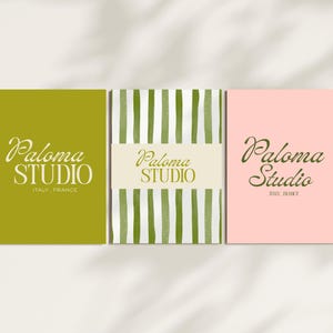 Three vertical card mockups showing branding with olive green, green striped, and pink designs featuring the text Paloma Studio.