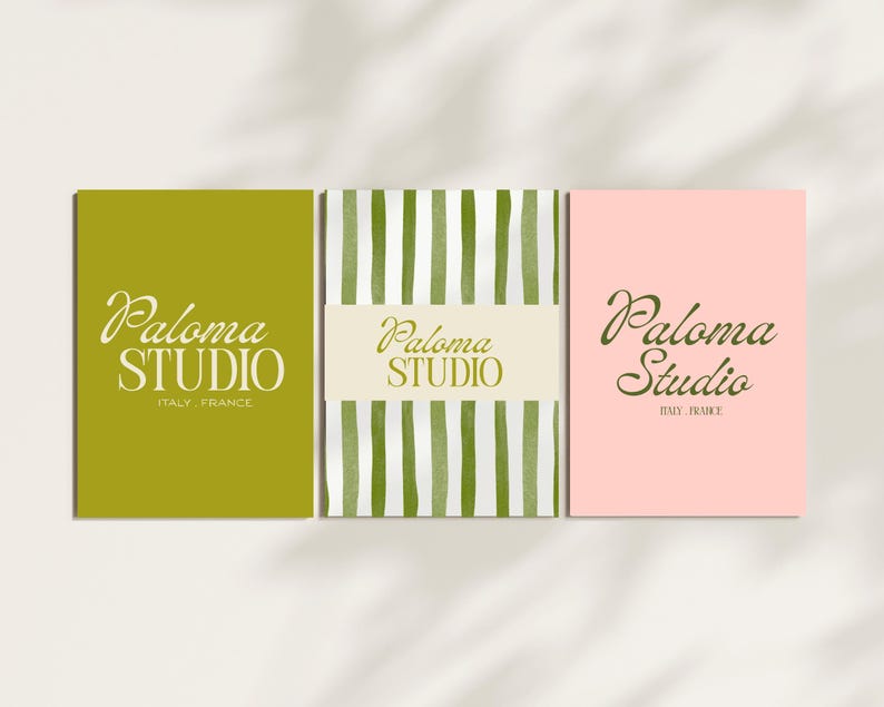 Three vertical card mockups showing branding with olive green, green striped, and pink designs featuring the text Paloma Studio.