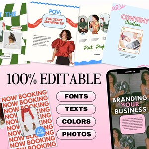 May include: A collage of images promoting social media content creation and branding. The images feature a variety of colorful designs and text, including "Meet the CEO", "POV: You Start Showing Up", "Content Creation", and "Branding Your Business".