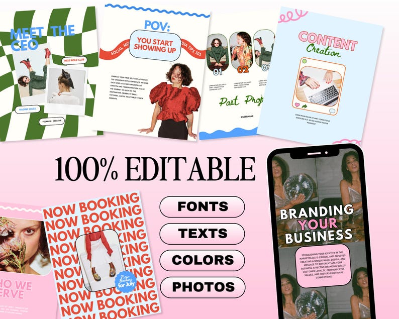May include: A collage of images promoting social media content creation and branding. The images feature a variety of colorful designs and text, including "Meet the CEO", "POV: You Start Showing Up", "Content Creation", and "Branding Your Business".