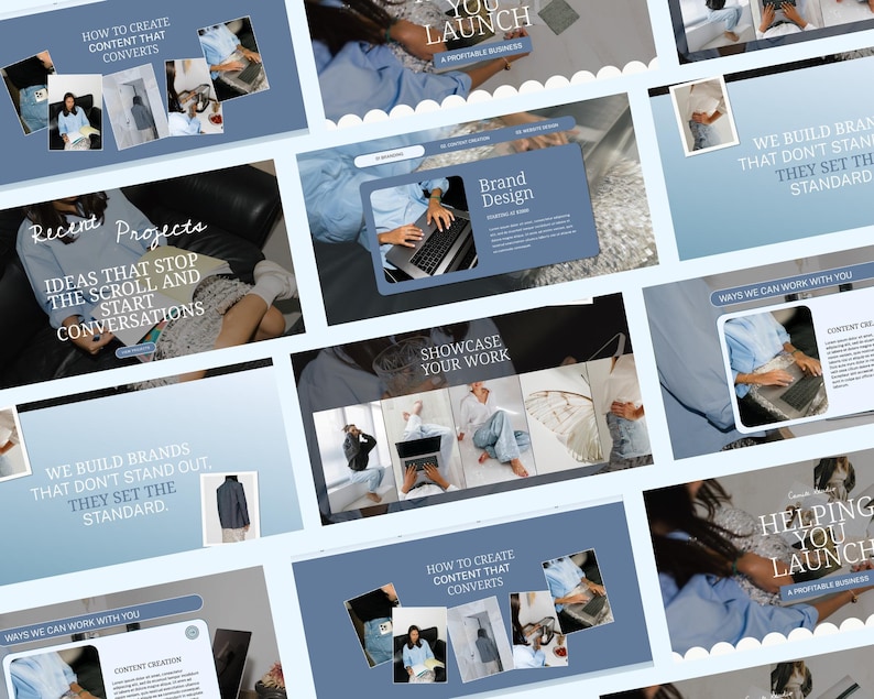 May include: A collection of digital marketing website mockups with text overlays. The text includes phrases like "How to Create Content That Converts," "Recent Projects," and "Helping You Launch." The color scheme is primarily blue and white.