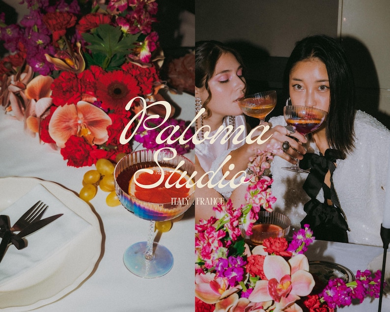 Lifestyle scene with two women drinking cocktails at a floral-decorated table, overlaid with the white Paloma Studio logo.