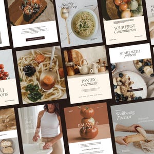 Può includere: Una collezione di quindici schede di marketing digitale rettangolari con fotografie di cibo, tra cui ciotole di pasta, pomodori freschi, bacche e pane, con testo sovrapposto come Let's Talk Lycopene, Healthy Meal Prep e A Balanced Plate.
