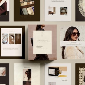 Pode incluir: Uma coleção de imagens com temas de estilo de vida e moda. As imagens apresentam vários produtos, incluindo joias, acessórios e artigos de beleza. A paleta de cores é neutra, com tons de castanho, bege e branco. Algumas imagens incluem texto, como "MARIE STUDIO" e "TITLE STORY".