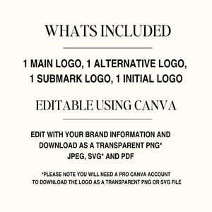 May include: Cream-colored graphic with black text listing included logo types: Main, Alternative, Submark, and Initial. The text also states the logos are editable using Canva and downloadable as transparent PNG, JPEG, SVG, and PDF files.