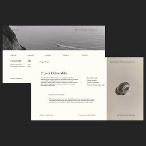 May include: A project proposal document featuring a black and white photograph of a coastline and boat, with text including Project Deliverables, Brand Strategy, and a silver seashell icon on a light beige background with the text ARCHIVE_COLLECTIVE.COM.