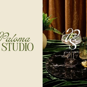 Split image showing Paloma Studio branding text on a cream background next to a velvet green table setting with a cocktail glass and monogram.