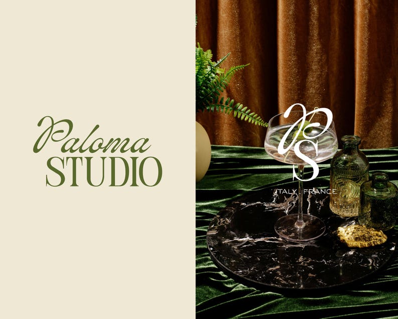 Split image showing Paloma Studio branding text on a cream background next to a velvet green table setting with a cocktail glass and monogram.