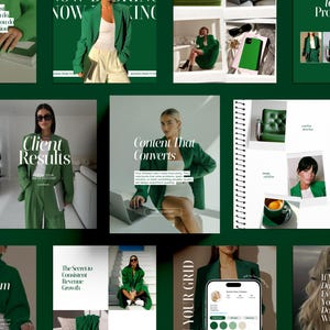 May include: A collection of images in a green and white palette. The images showcase women in green blazers, text overlays with phrases such as "Client Results" and "Content That Converts", and a smartphone mockup. The theme appears to be business and productivity.