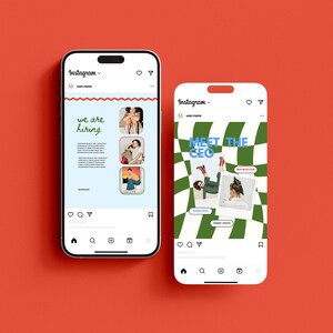 May include: Two Instagram phone screen mockups on a red background. The left phone shows a post with the text "we are hiring" and three photos of people. The right phone shows a post with the text "MEET THE CEO" and a checkered background with two photos of people.