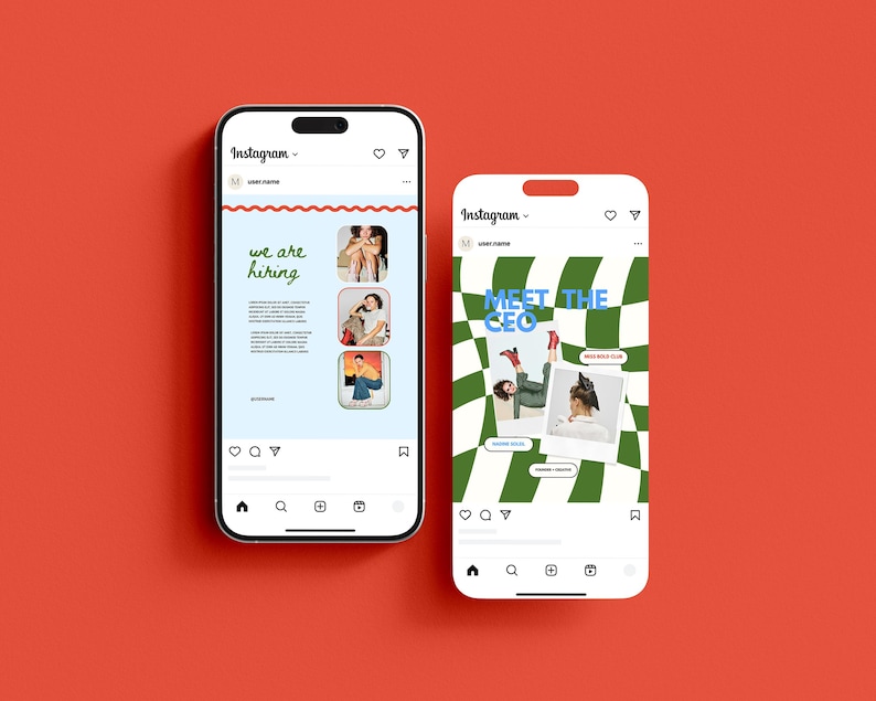 May include: Two Instagram phone screen mockups on a red background. The left phone shows a post with the text "we are hiring" and three photos of people. The right phone shows a post with the text "MEET THE CEO" and a checkered background with two photos of people.