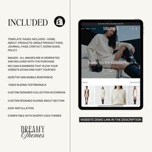 An informational graphic listing template pages and features alongside a website preview on a tablet.