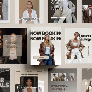 Może przedstawiać: Zbiór plakatów promocyjnych w neutralnej palecie kolorów. Plakaty przedstawiają zdjęcia kobiety w różnych strojach, z tekstami takimi jak "Media Expert", "Strategy Call Now" i "Content Strategy".