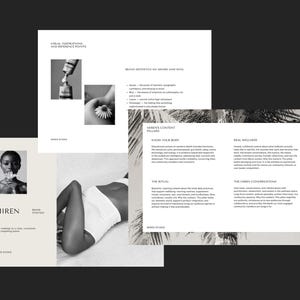 May include: A black and white image featuring a layout for a brand strategy. The layout includes a portrait of a woman, product shots, and text. The text includes the brand name "MIREN" and the tagline "Your roadmap to a clear, consistent, and compelling brand."