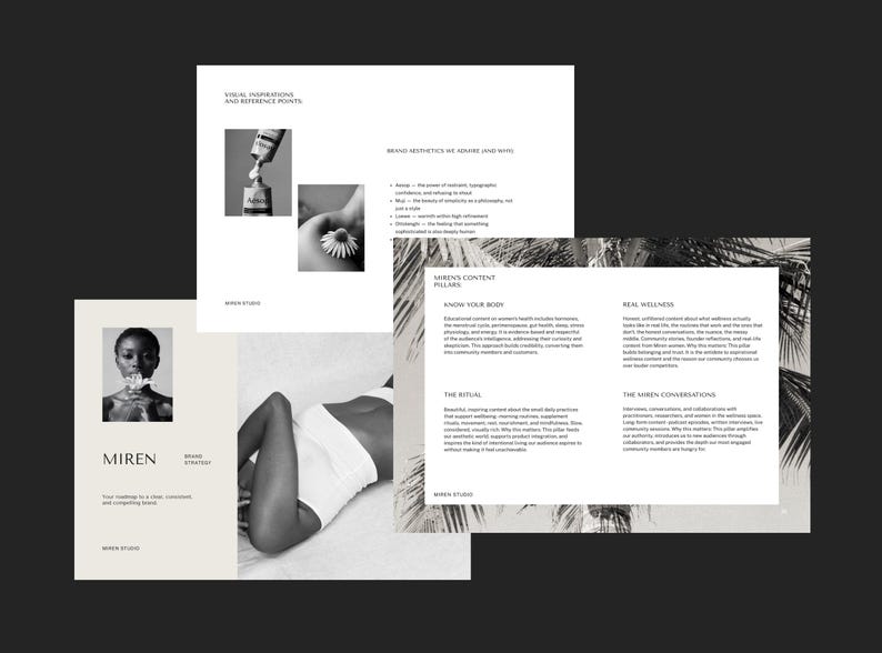 May include: A black and white image featuring a layout for a brand strategy. The layout includes a portrait of a woman, product shots, and text. The text includes the brand name "MIREN" and the tagline "Your roadmap to a clear, consistent, and compelling brand."