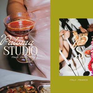 Split image showing a hand holding a cocktail with Paloma Studio branding and a dinner party scene on an olive green background.