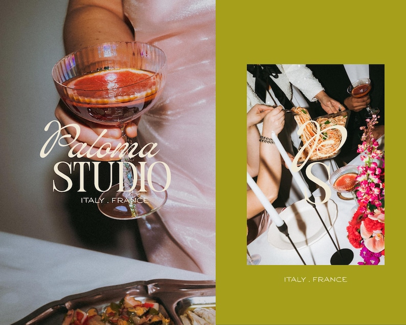 Split image showing a hand holding a cocktail with Paloma Studio branding and a dinner party scene on an olive green background.