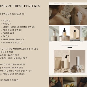 May include: A minimalist Shopify theme for online stores, featuring a clean design with large banners, a scrolling marquee, and a logo kit. The theme includes 8 page templates, 15 Canva banners, and 40 product images.