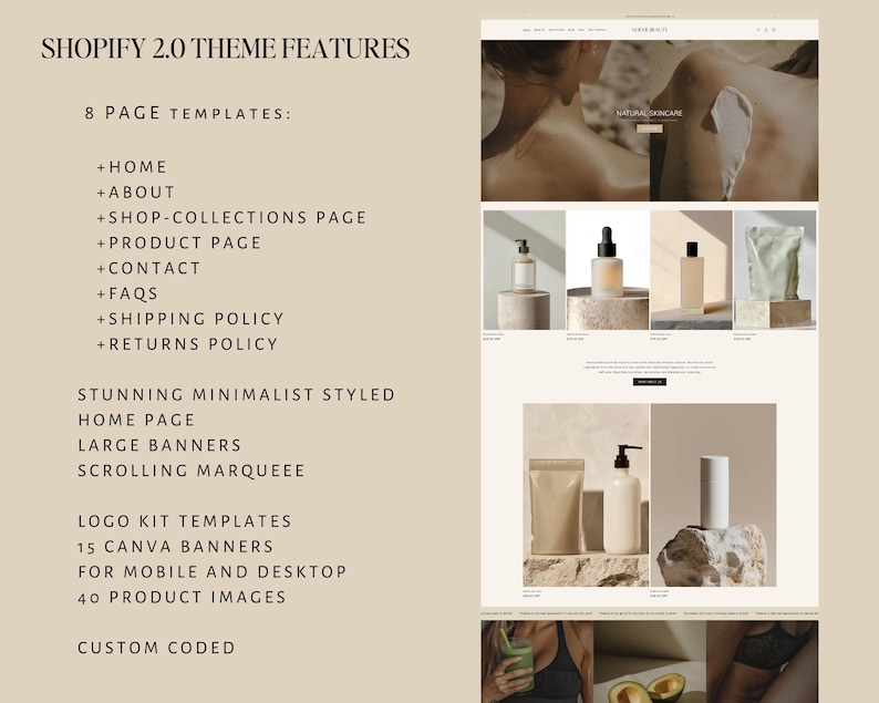 May include: A minimalist Shopify theme for online stores, featuring a clean design with large banners, a scrolling marquee, and a logo kit. The theme includes 8 page templates, 15 Canva banners, and 40 product images.