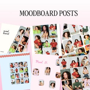 May include: A mood board with a collage of photos featuring a person with curly hair wearing different outfits and poses. The mood board is titled "Mood 01."