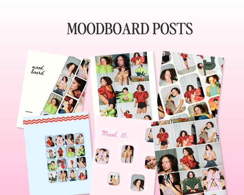 May include: A mood board with a collage of photos featuring a person with curly hair wearing different outfits and poses. The mood board is titled "Mood 01."