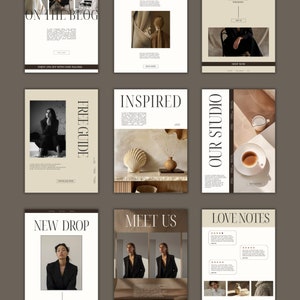 May include: A collage of nine images showcasing a fashion and lifestyle brand. The images feature a woman in a black blazer, a seashell and vase on a wooden shelf, a cup of coffee, and a woman in a black blazer. The text "On the Blog", "Free Guide", "Inspired", "Our Studio", "New Drop", "Meet Us", and "Love Notes" is featured in the images.