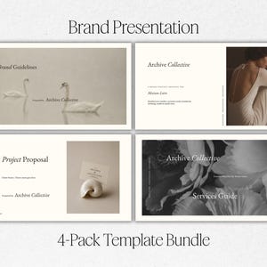 Op de afbeelding: Een pakket van vier sjablonen voor merkpresentaties met dia's getiteld Brand Guidelines, Archive Collective, Project Proposal en Services Guide. De ontwerpen bevatten afbeeldingen van zwanen, een persoon in een witte jurk, een schelp en bloemen.
