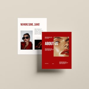 May include: A red and white brochure with the text "NO MORE SAME...SAME!" and "ABOUT US". The brochure features a woman wearing sunglasses and a red jacket, and a close-up of a woman's face with red lipstick.