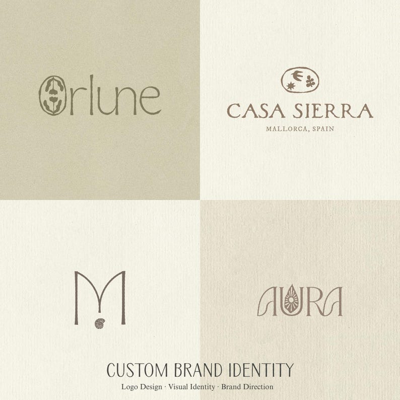 K&ouml;nnte beinhalten: Eine Sammlung von vier Logodesigns auf einem strukturierten beigen Hintergrund. Die Logos zeigen den Text Orlune, Casa Sierra Mallorca Spain, den Buchstaben M mit einem Muschelsymbol und das Wort Aura mit einem zentralen Sonnensymbol in brauner Tinte.