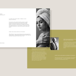 May include: A brochure with a black and white photo of a woman with a towel on her head. The brochure includes text about Siren Wellness, its mission, and brand personality. The color scheme is neutral with accents of olive green.