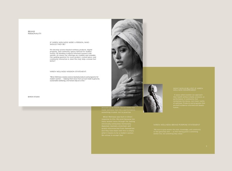 May include: A brochure with a black and white photo of a woman with a towel on her head. The brochure includes text about Siren Wellness, its mission, and brand personality. The color scheme is neutral with accents of olive green.