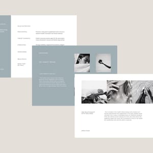 May include: A layout featuring three pages with text and images. The pages have a minimalist design with a light blue and white color scheme. The images include black and white photos of a person and a hand holding an object.