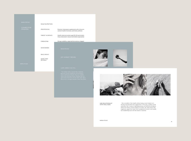 May include: A layout featuring three pages with text and images. The pages have a minimalist design with a light blue and white color scheme. The images include black and white photos of a person and a hand holding an object.
