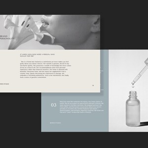 May include: A grayscale image featuring a woman's face with a flower, and a bottle with a dropper. Text includes "BRAND PERSONALITY" and "MIREN STUDIO". The bottle is clear, and the dropper is dispensing liquid.