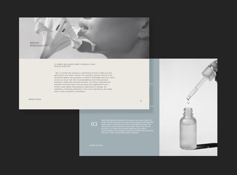 May include: A grayscale image featuring a woman's face with a flower, and a bottle with a dropper. Text includes "BRAND PERSONALITY" and "MIREN STUDIO". The bottle is clear, and the dropper is dispensing liquid.