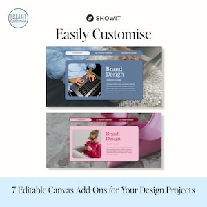 May include: A digital design advertisement with the text "Easily Customize" and "Brand Design." The image features two design templates with images of a person using a laptop and a person using a phone. The text "7 Editable Canvas Add-Ons for Your Design Projects" is at the bottom.