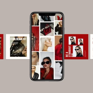 May include: A collage of images on a smartphone screen, featuring fashion, beauty, and design elements. The images include a woman wearing sunglasses, a red handbag, and a woman with red lipstick. The text "IT GIRL DESIGN 101" and "BE A STANDOUT GAL" are also visible.