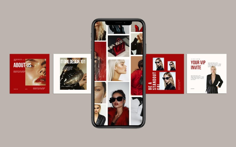 May include: A collage of images on a smartphone screen, featuring fashion, beauty, and design elements. The images include a woman wearing sunglasses, a red handbag, and a woman with red lipstick. The text "IT GIRL DESIGN 101" and "BE A STANDOUT GAL" are also visible.