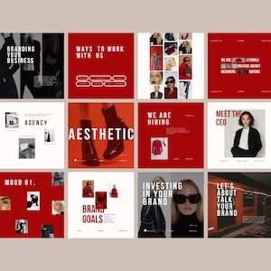 May include: A collage of nine red and white squares with text and images. The text includes "Branding Your Business", "Ways to Work With Us", "Agency", "Aesthetic", "We Are Hiring", "Meet the CEO", "Mood 01", "Brand Goals", "Investing in Your Brand", and "Let's Talk About Your Brand". The images include a woman in a black outfit, a pair of red boots, a woman with red lipstick, and a woman in a black suit.