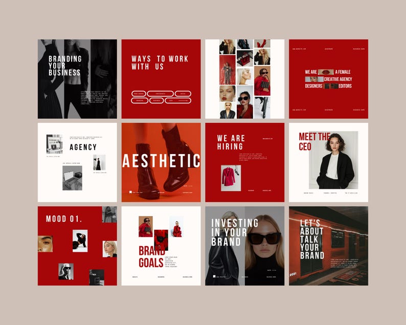 May include: A collage of nine red and white squares with text and images. The text includes "Branding Your Business", "Ways to Work With Us", "Agency", "Aesthetic", "We Are Hiring", "Meet the CEO", "Mood 01", "Brand Goals", "Investing in Your Brand", and "Let's Talk About Your Brand". The images include a woman in a black outfit, a pair of red boots, a woman with red lipstick, and a woman in a black suit.