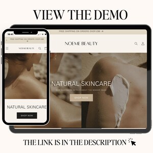 May include: A screenshot of a website for a beauty brand called "Noeme Beauty". The website features a photo of a person's back with natural skincare product applied to the skin. The text "Natural Skincare" is displayed on the website, along with a button that says "Shop Now".